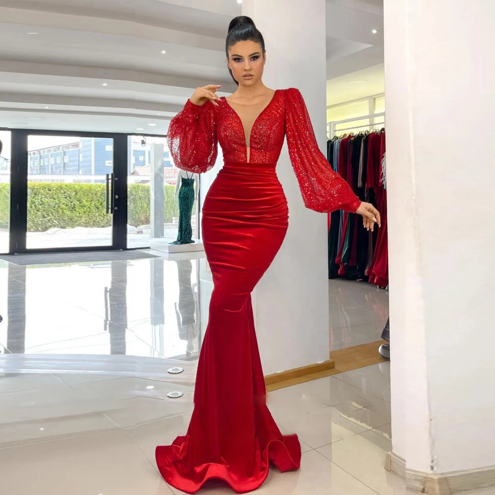 

UETEEY Vevet Evening Dresses for Wedding Mermaid O-Neck Sequined Top Long Puffy Sleeves Prom Gowns 2023 Arabic Dubai Party Dress