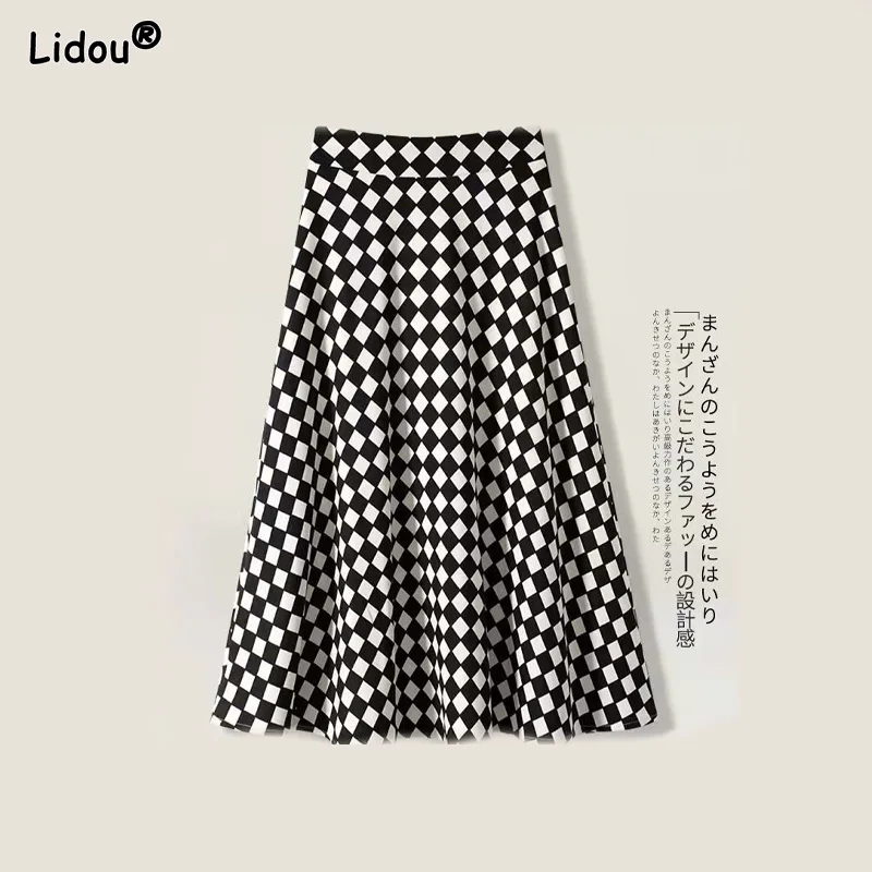 

Checkerboard Big Hem A-line Skirt Office Lady Print Mid-calf Medium Strech Women's Clothing Empire Blended Multiple Colour Slim