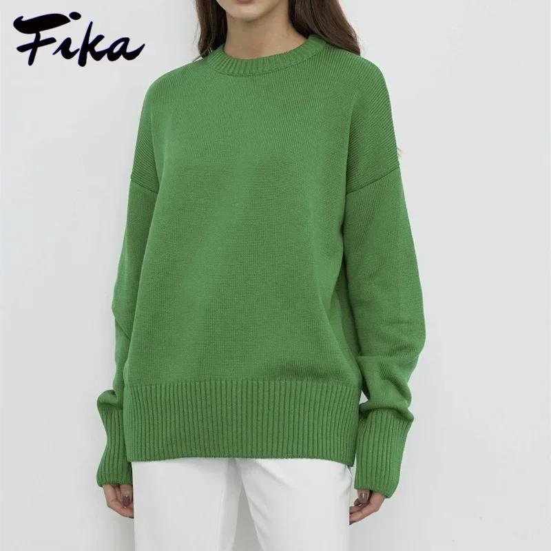 

Women Casual Solid Color Oversize Knitted Pullovers Women Basic Autumn Winter Soft Loose Fit Sweater Female Simple Chic Jumpers