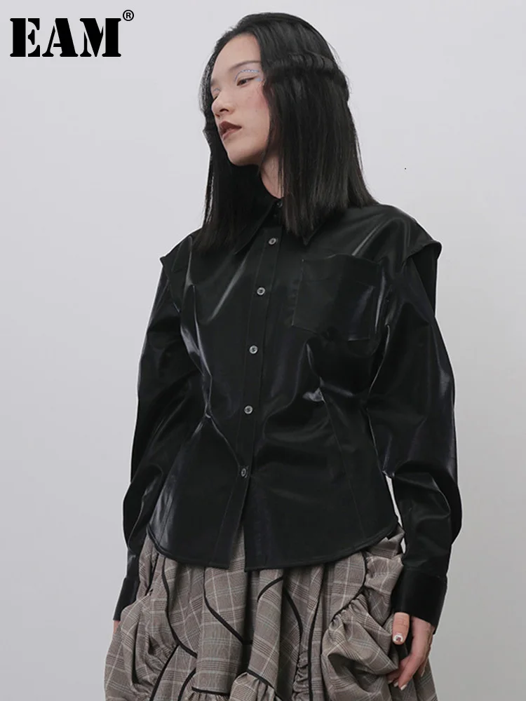

[EAM] Women Black Split Joint Pu Leather Blouse New Lapel Long Sleeve Loose Fit Shirt Fashion Tide Spring Autumn 2022 1H263