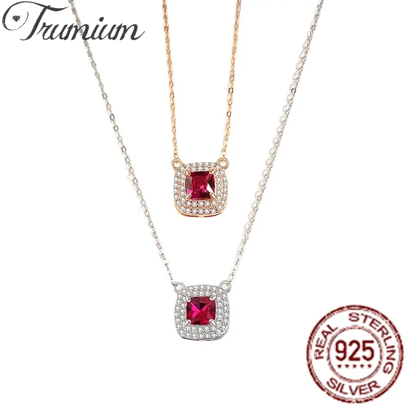 

Trumium Vintage S925 Sterling Silver Gemstone Necklace for Women 11*11mm Ruby Square Pendent Wedding Party Fine Jewelry