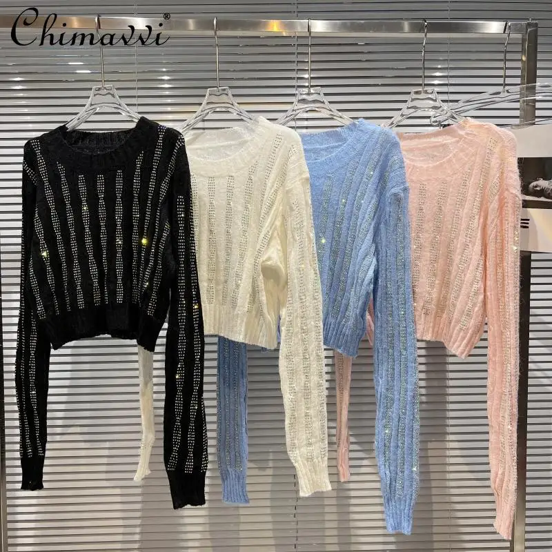 

2022 Autumn New Fashion Vertical Rhinestone Mohair Long-Sleeved Knitted Top Loose Temperament Round Neck Sweater Pullover