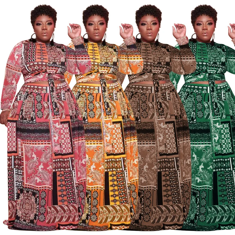 Women Plus Size Dress Print Bandage Sashes Long Dresses Fashion Loose Maxi Vestidos Female Vintage Outfits Autumn 2022