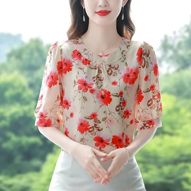Блузка женская шифоновая с цветочным принтом модный Свободный пуловер круглым