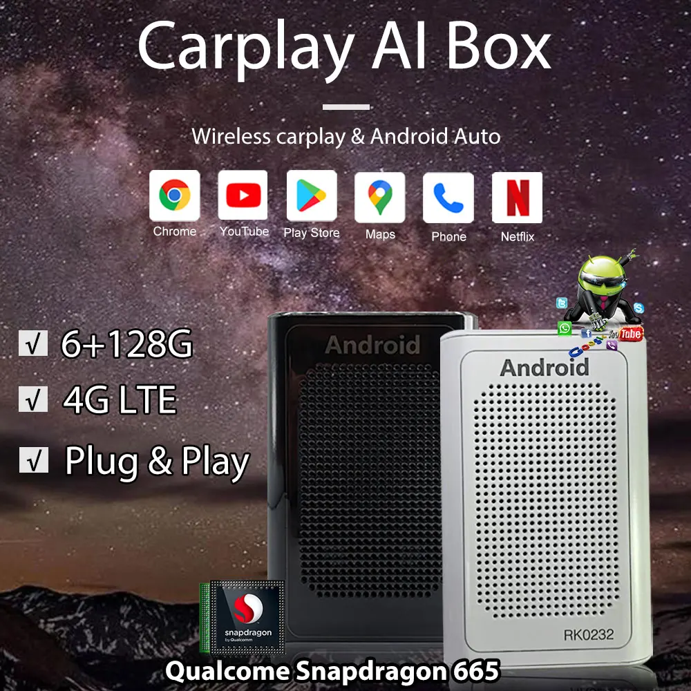 

Android Auto AI BoxWiFi 4G LTE Adapter Plug & Play Wireless Carplay Tv Box BT Video Snapdragon 665 Processor 6G 128G Player