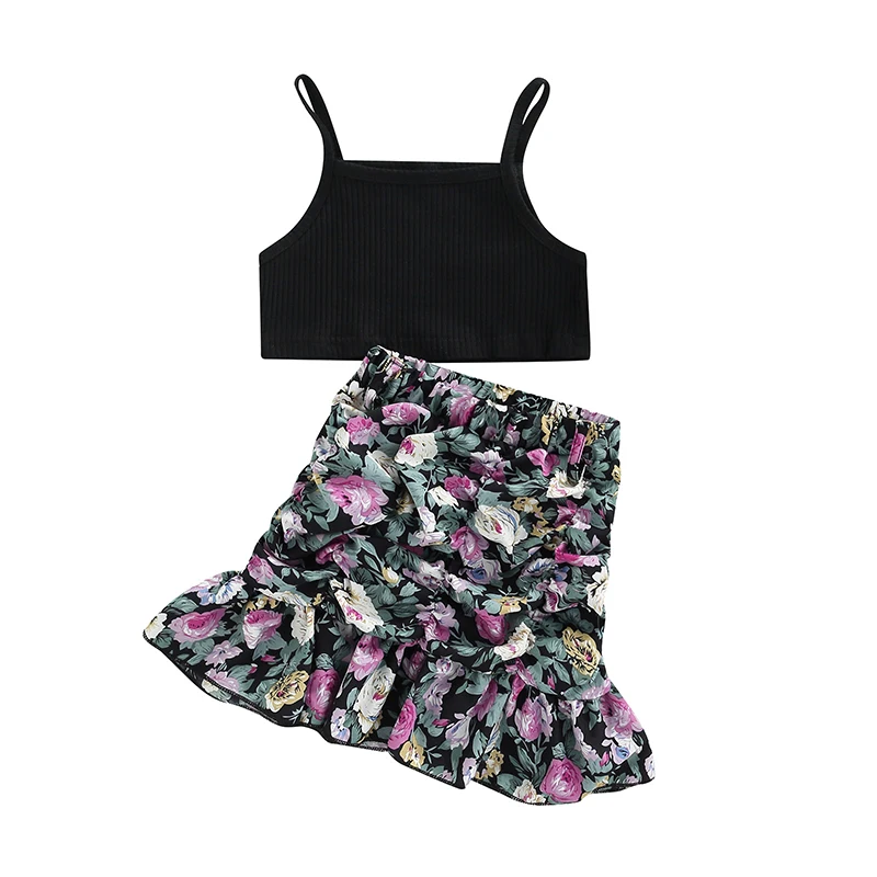 

1-6T Baby Girls Skirt Set Sleeveless Solid Camisole Vest with Flower Print Skirt Summer Kids Infant Outfit