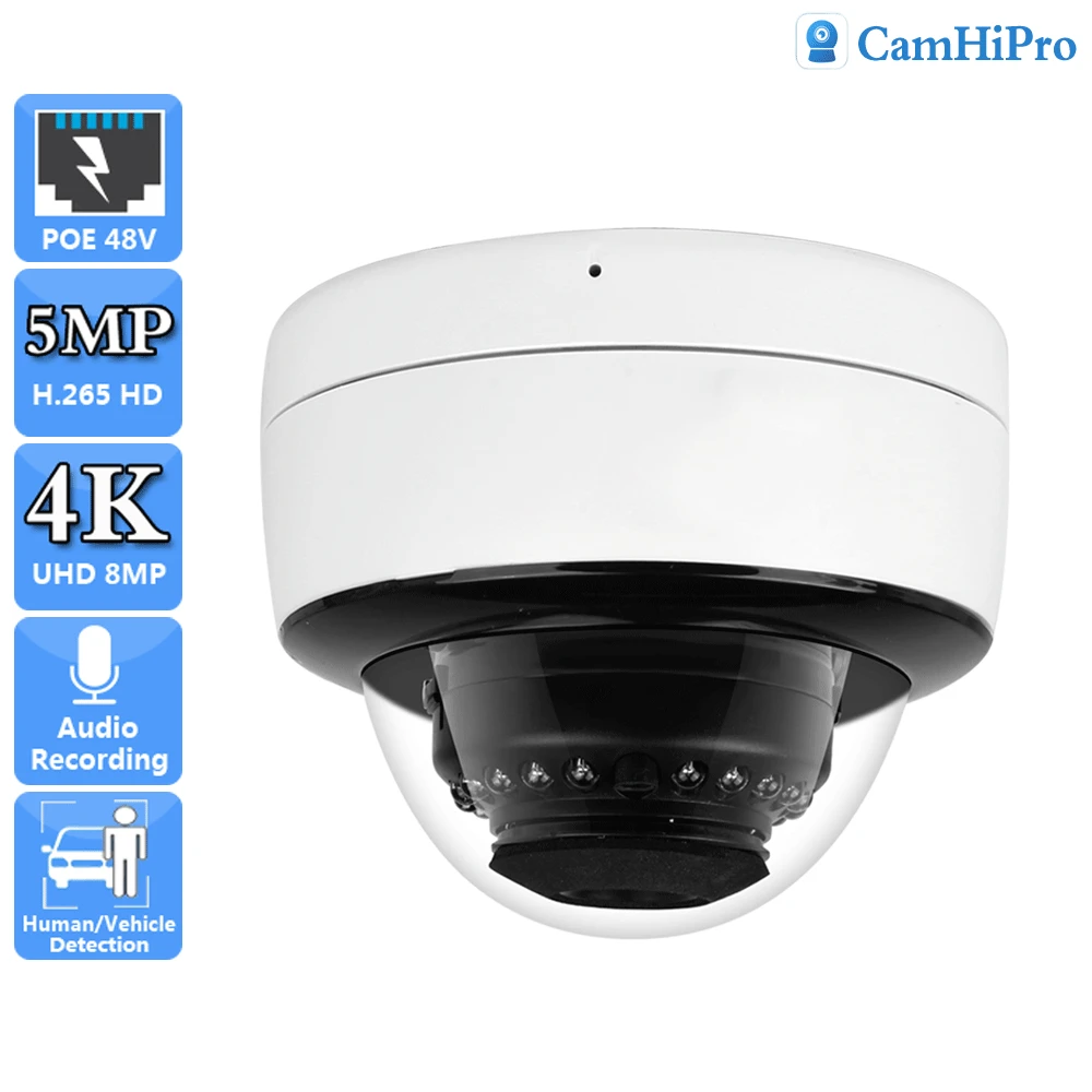 

4K 8MP Security IP Camera Dome POE 48V Audio Record 5MP IR Night Version Waterproof Outdoor SD Card Slot Human/ Car Detection