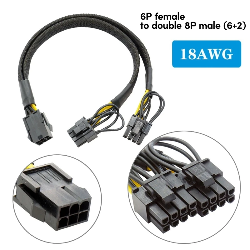 

GPU PCIe 6Pin Female to 2X 8Pin (6+2) Male PCIExpress Graphics Card Power Adapter 6P PCIE Extension Splitter Cable