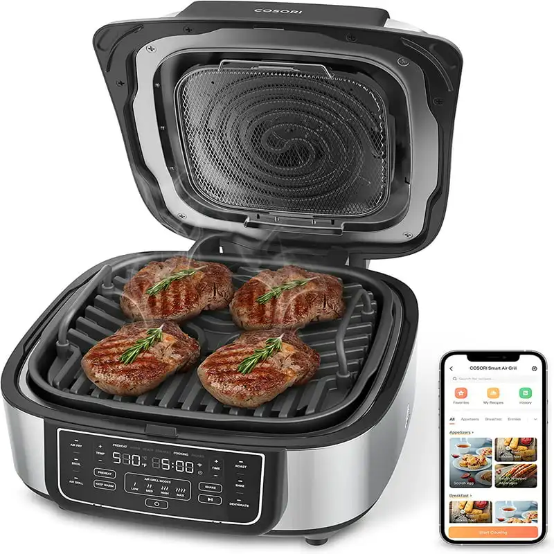 

Indoor Grill, Smart XL Air Fryer Combo Aeroblaze, 8-in-1, 6QT, Walmart Exclusive Bonus Meat Thermometer, Voice Control, Black