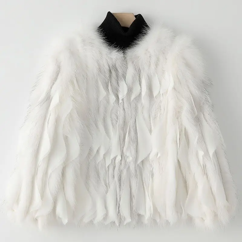Fox Hair Woven Fur Coat Women's Short Fall Winter 2022 New Fashion leisure Strip Ruffle