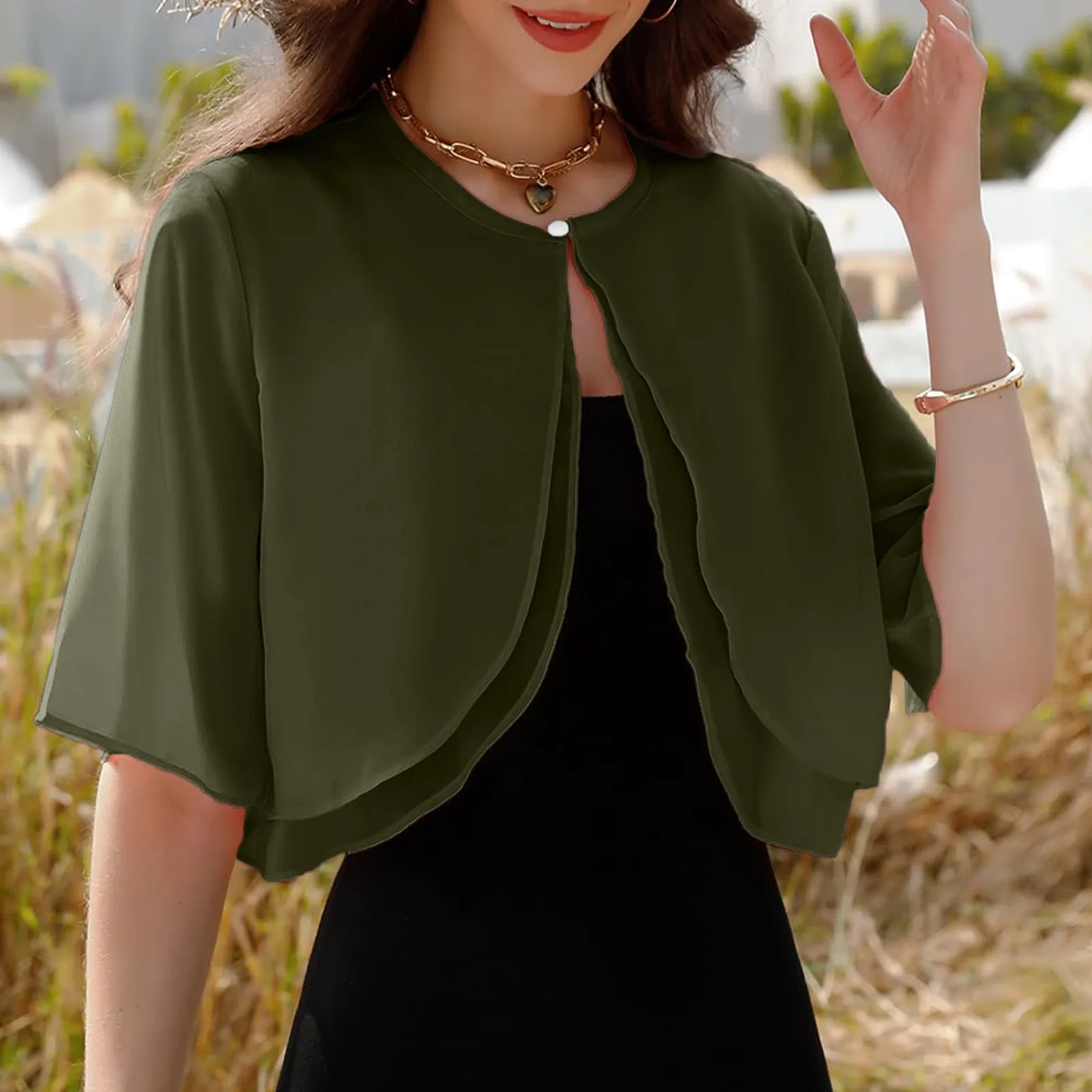 Элегантное многослойное болеро с круглым вырезом шелковый легкий кардиган