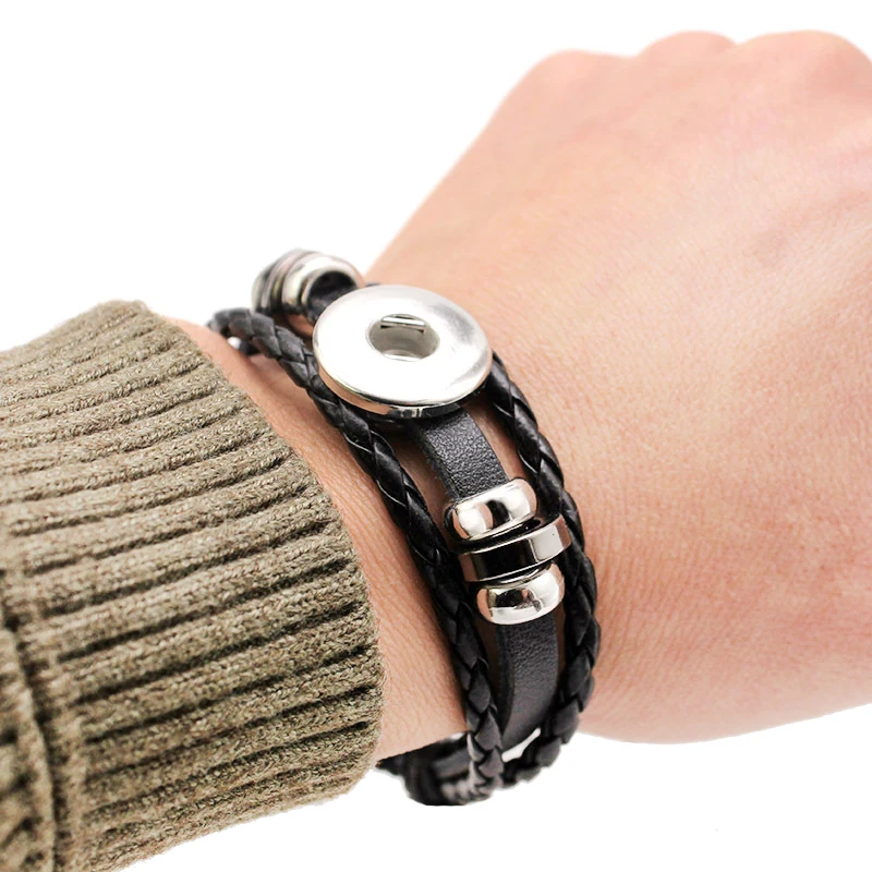 

Vintage Braided Leather Wrist Bracelet For Men Adjustable Snap Bangle DIY Snaps to Fit Wristband Women Jewelry Pulseras Gifts