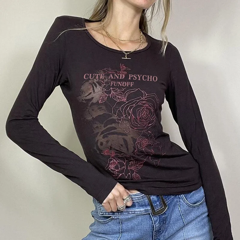 

Женские футболки hirigin Y2K, укороченные топы с принтом роз, ретро, гранж, Харадзюку, облегающие футболки с круглым вырезом и длинным рукавом, ос...