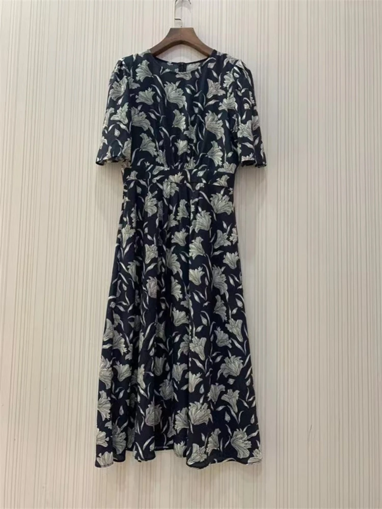 2023 Spring and Summer New Women Retro Slim Waist Floral Print 100% Silk Casual Dress
