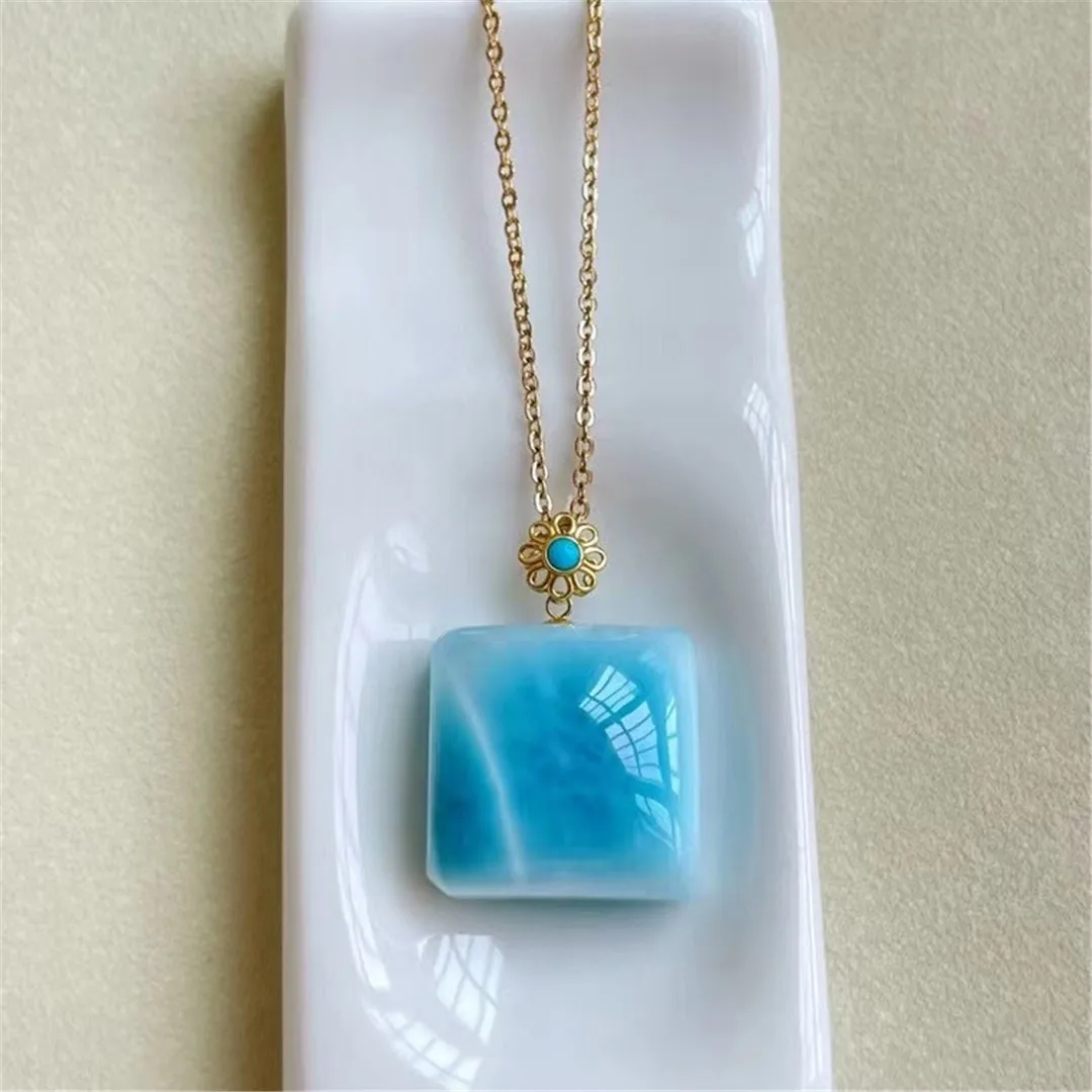 

Natural Larimar Pendant 18K Gold For Women Men Blue Crystal 26x9mm Beads Dominica Water Pattern Gemstone Stone Jewelry AAAAA