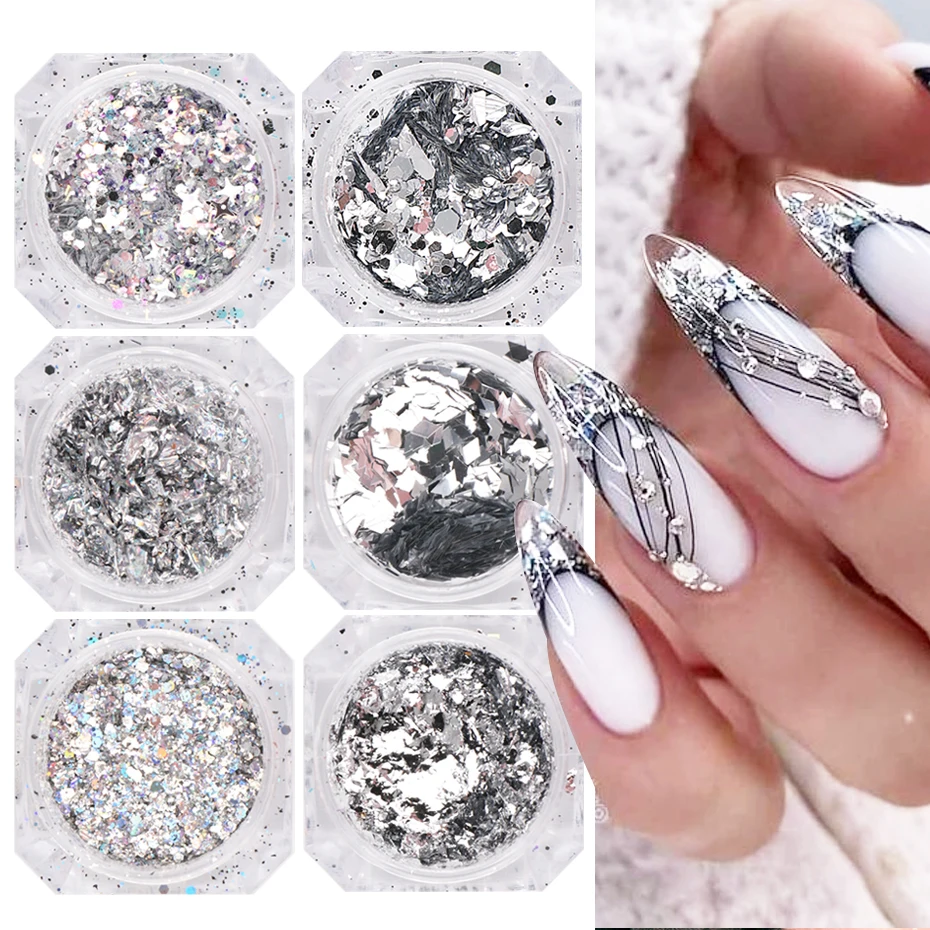 

6 коробок Серебряный Блестящий хлопья маникюрный набор для ногтей смешанный Holo шестигранный ромбик алюминиевый блестка лазерный чип для картриджа Декор пыль JI2022-03
