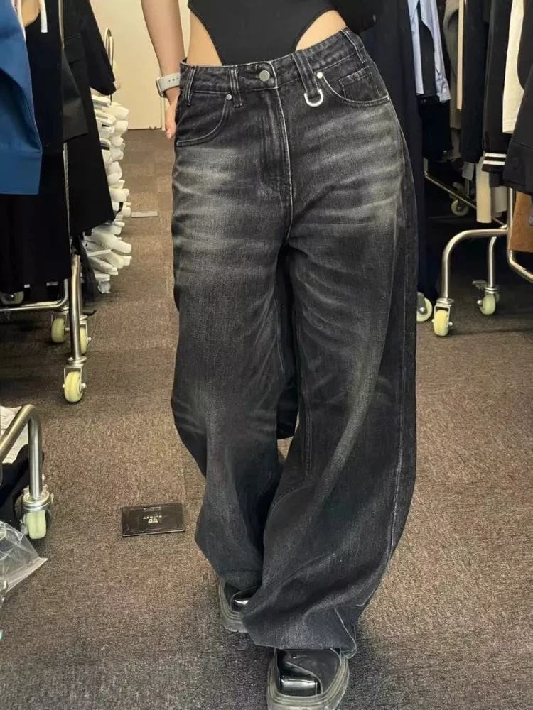 Y2K Women Vintage Streetwear Korean Baggy Black Jeans Retro Straight Parachute Pants Denim Trousers Fairy Grunge Alt Clothes