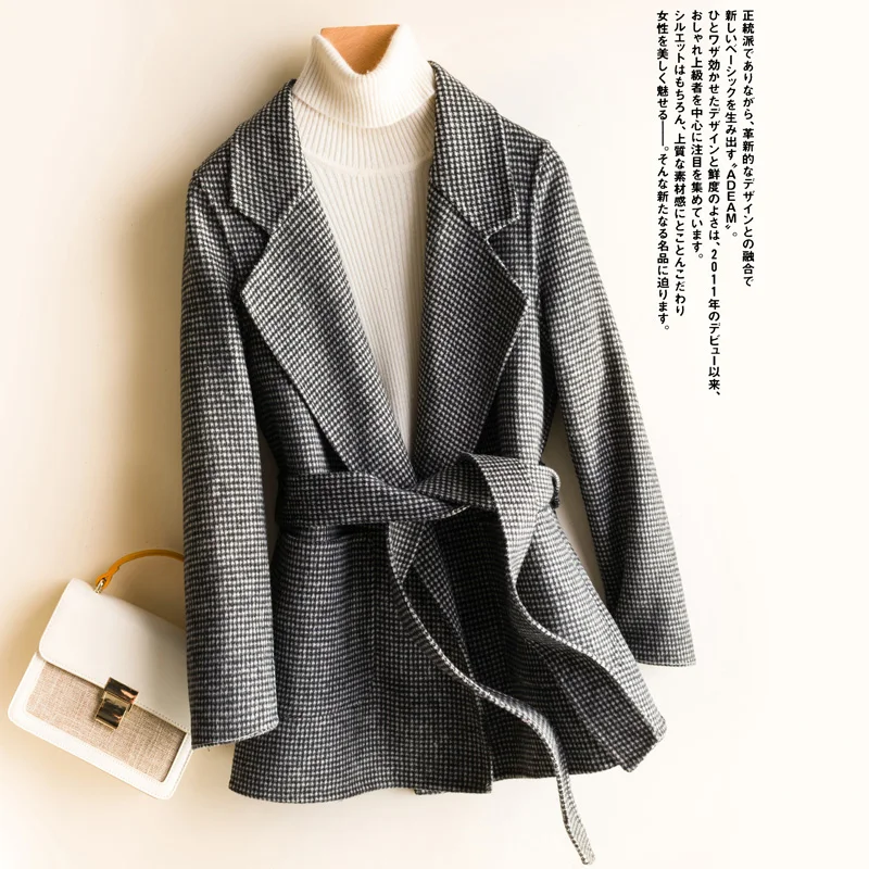 Hepburn style double-sided cashmere coat women's short suit collar slim houndstooth woolen coat autumn and winter