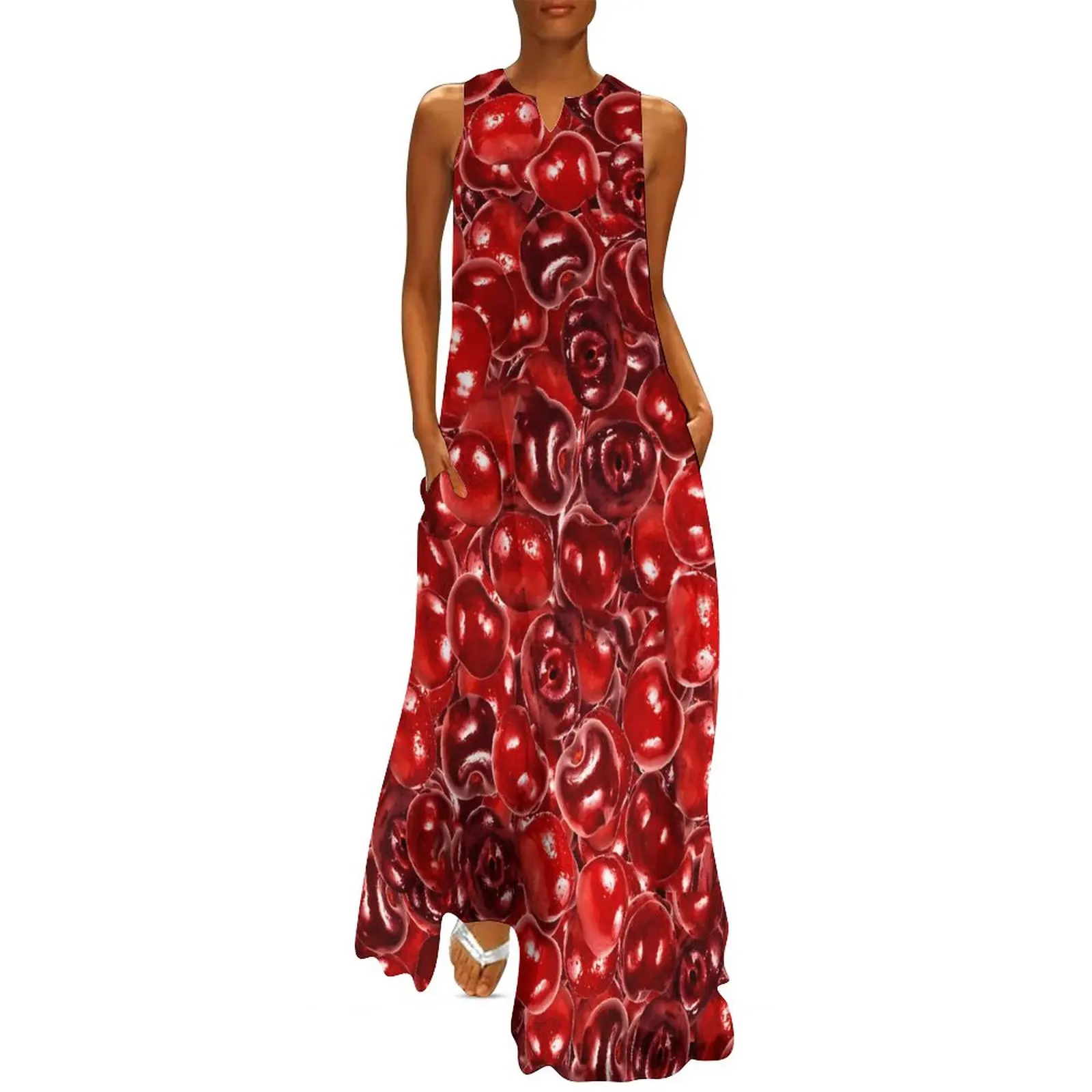 

Sweet Cherries Dress Spring Fruit Print Streetwear Casual Long Dresses Women Design Sexy Maxi Dress Large Size