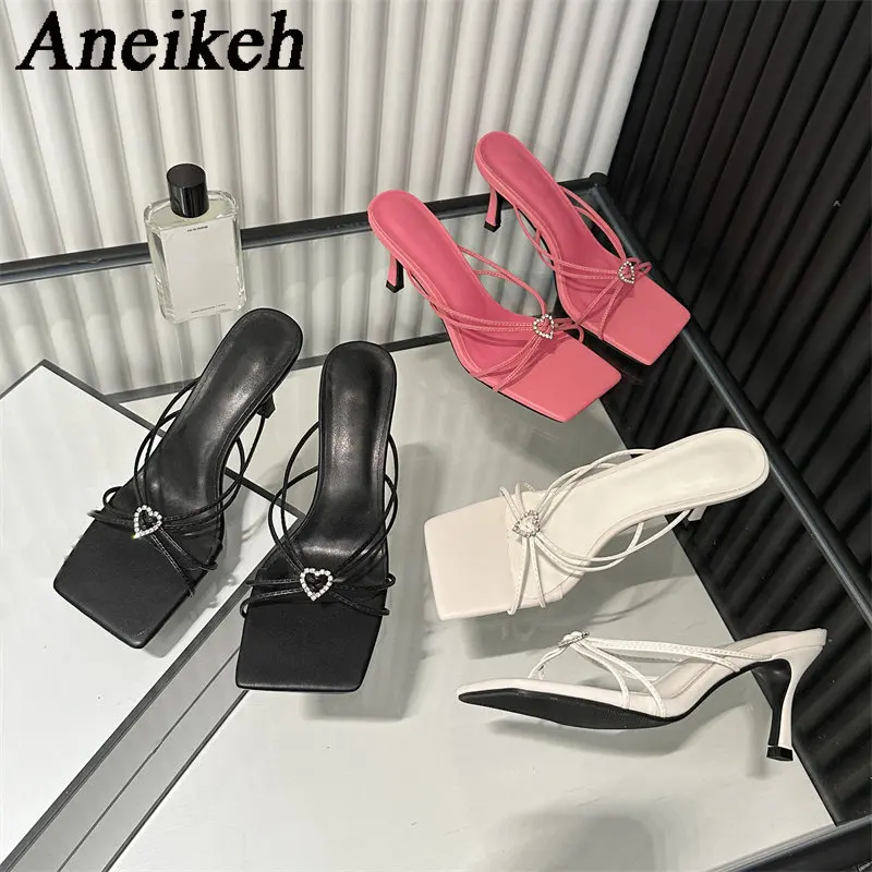 

Aneikeh 2023 PU узкие сандалии с квадратным носком и открытым носком на среднем каблуке женские сандалии с кристаллами и пряжкой на тонком каблуке