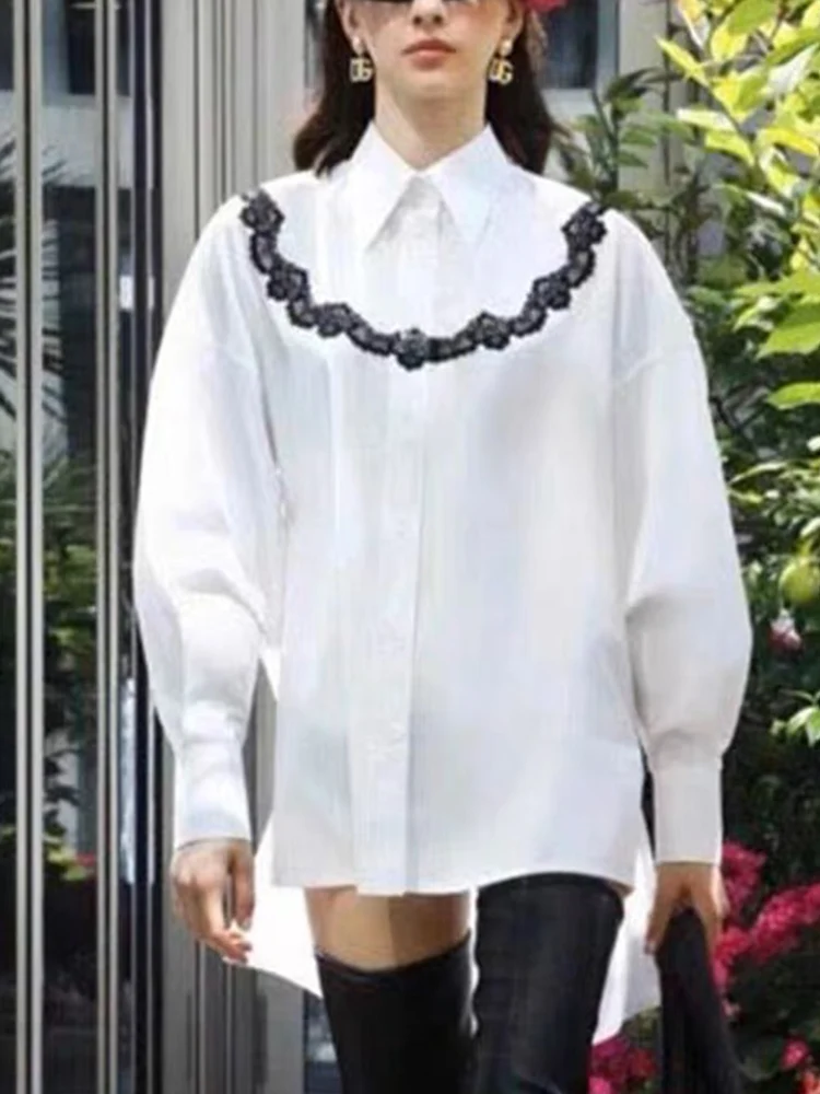 

High-quality spring and summer new lapel applique loose cotton long-sleeved shirt socialite temperament asymmetry long blouse