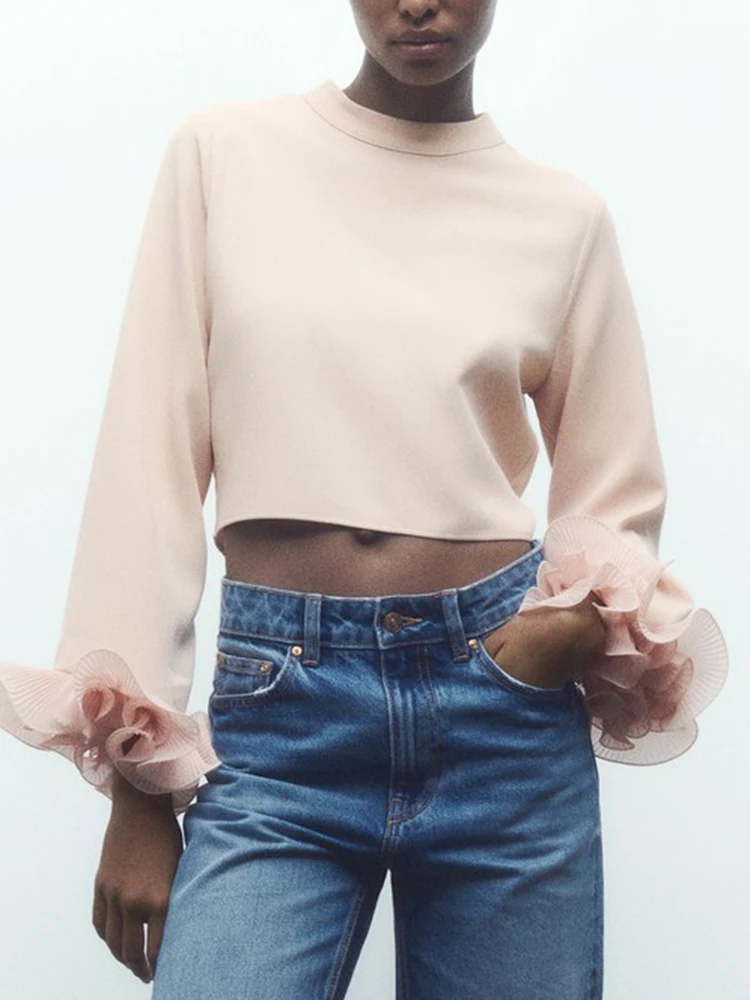 

Elegant Solid Women Cropped Top 2023 Autumn Round Neck Fungus Long Sleeve Short Shirt Female Vintage Casual Blouse Woman Cloting