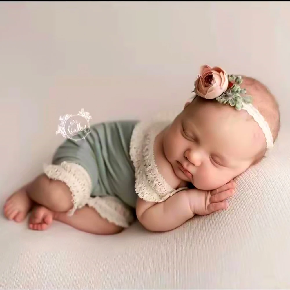Baby Girl Outfit  Newborn  Photography Props Light Green Jumpsuit + Headdress Suit 2022 New Pattern