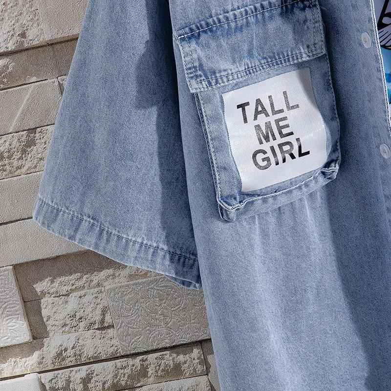 Новые летние мужские голубые джинсовые рубашки с коротким рукавом высокого