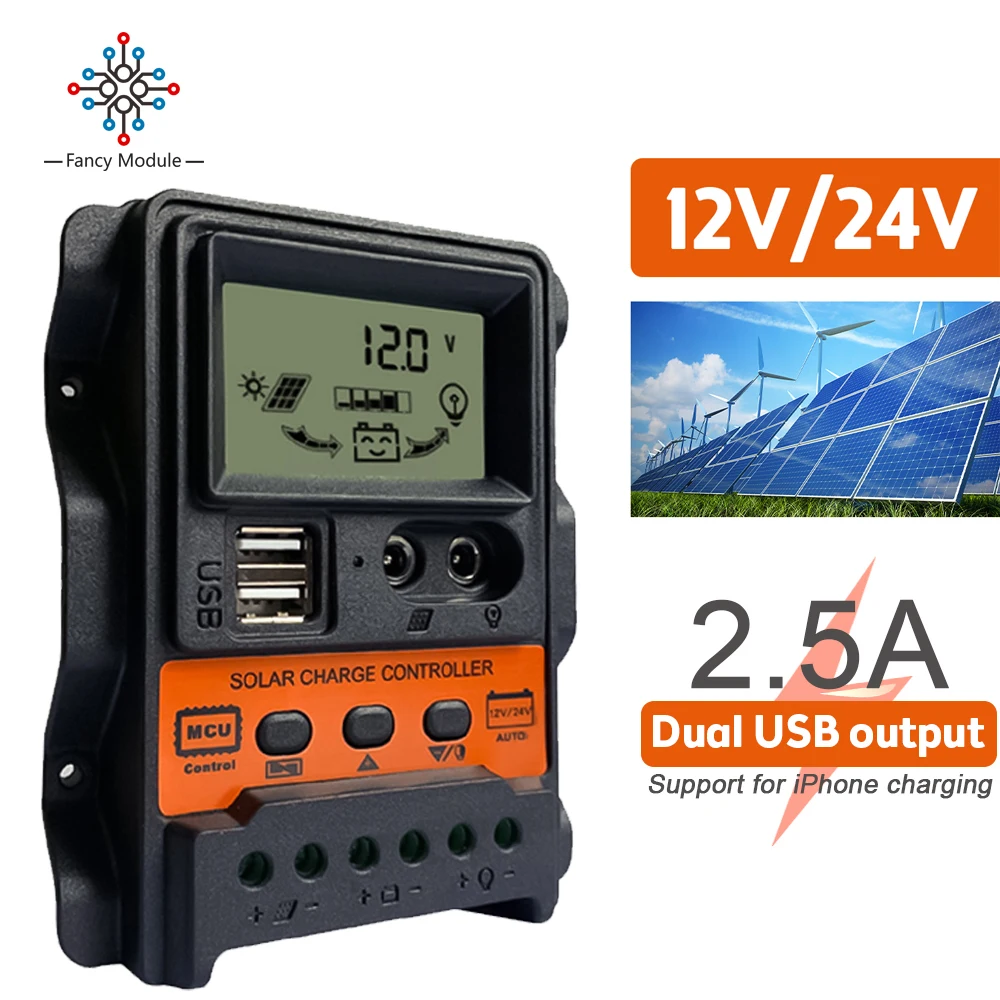 

Dual USB Solar Charge Controller DC Current 12V 24V 10A 20A 30A LCD Display Solar Panel PWM Charger Controller Battery Regulator