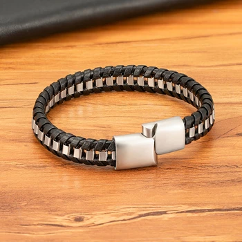 Black Leather Men Bracelets Punk Style 4