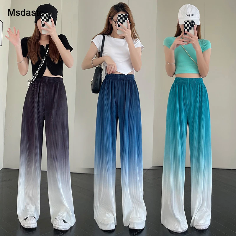 

Pants Women Gradient Color Wide Leg Casual Full Length Loose Woman Trousers Elastic Waist High Waist Stretchy Woman Pants