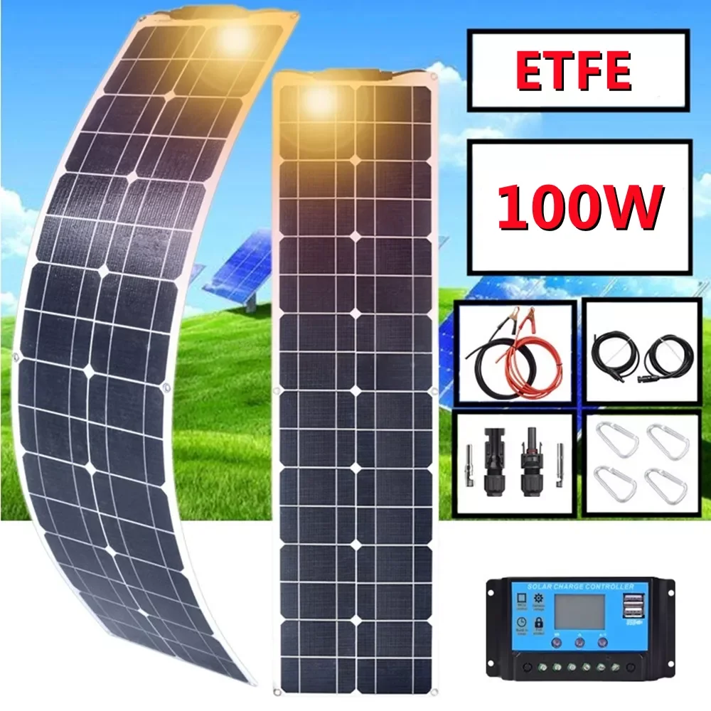 

100 Watts Solar Panel Flexible ETFE PET Plate Monocrystalline Cell 16V 50W 100W Solar Panels Kit Camping RV 12V Battery Charger