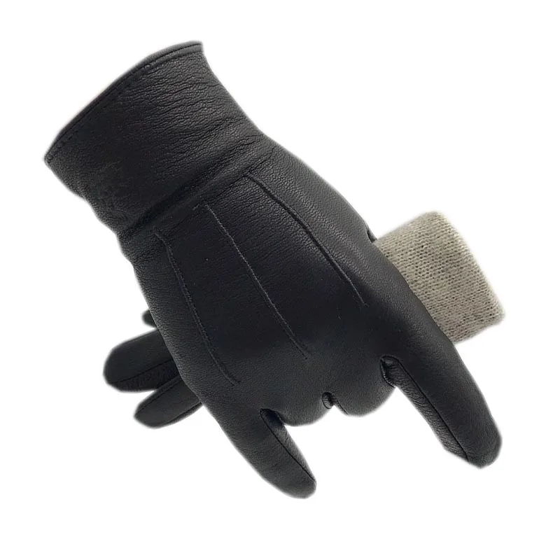 Winter Men's Deerskin Gloves Wrist Fashion New Leather Deerskin Gloves Wool Lining Machine Stitching Warm Driving Small Size Rid
