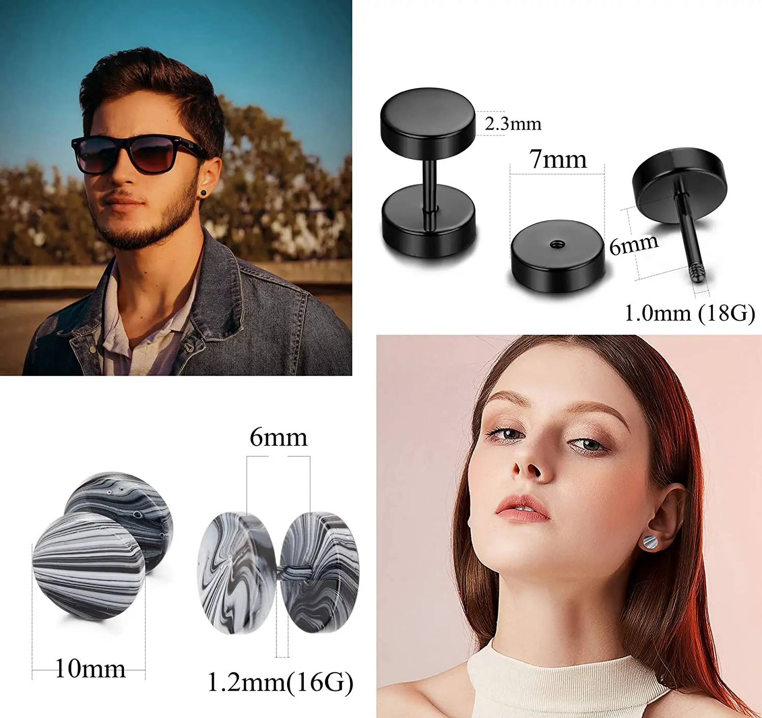 1 Pair Stainless Steel Mens Womens Stud Earrings Ear Piercing Plugs Tunnel Fake Ear Gauge Barbell Screw Stud Flat Back 16G 18G images - 6