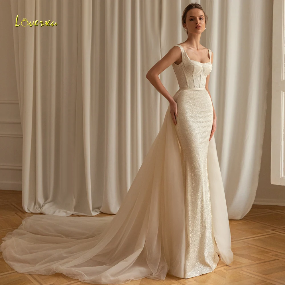 

Loverxu Shiny Mermaid Wedding Dresses 2022 Sweetheart Sleeveless Robe De Mariee Lace Detachable Tulle Train Vestido De Novia