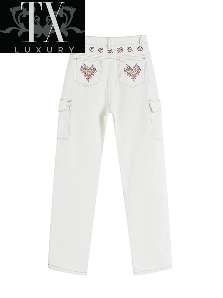 

White Pants Women Fashion Straight High Waist Denim Trousers Gothic Pockets Streetwear Heart-Shaped Embroidery Baggy Jeans