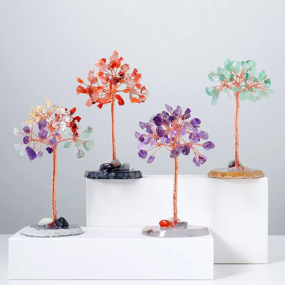 

Crystal Money Tree Copper Wire Wrapped Agate Slice Base Potted Plants Stone Crafts Gemstone Reiki Chakra Feng Shui Trees Home