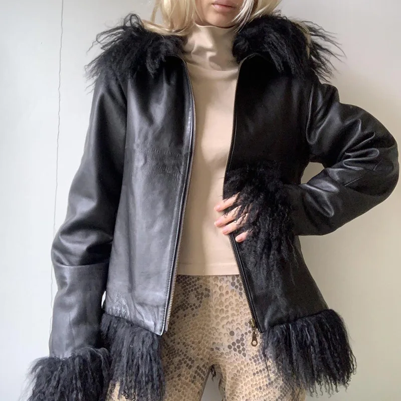 Black Zipper Loose Hooded Casual Jacket Autumn and Winter New Style Tassel Fur Stitching Artificial Leather PU Leather Jacket