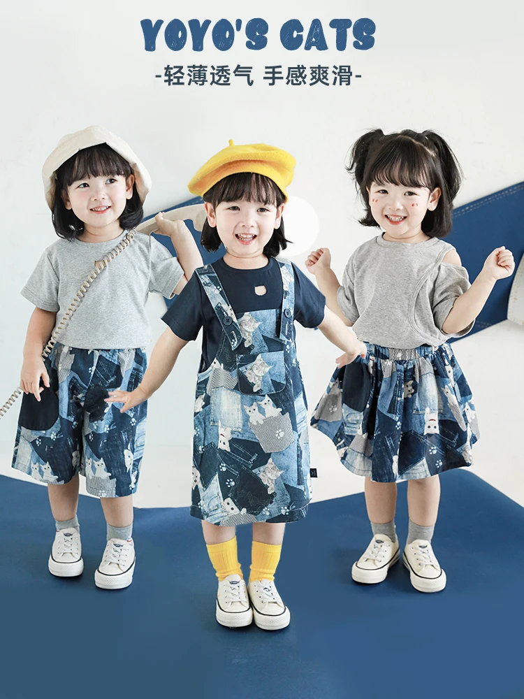 

Ocean Cat Series Girl's Suspender Dress Summer New Children's Cartoon Printing Half Skirt Shorts Three-piece Set