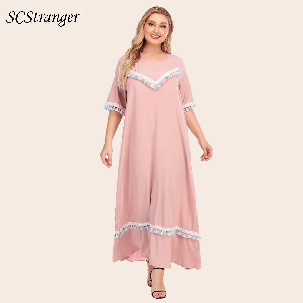 

Plus Size Dress Summer Female Pink Solid Ethnic Style Kawaii Maxi Dress Plus Size Loose Tassel O Neck Short Sleeved Long Dress