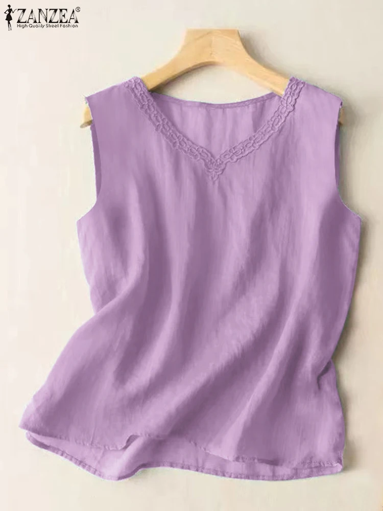 

ZANZEA Summer Holiday Tank Tops Fashion Casual Beach Blusas Woman Sleeveless Lace Patchwork Shirt Female Embroidery Blouse 2023