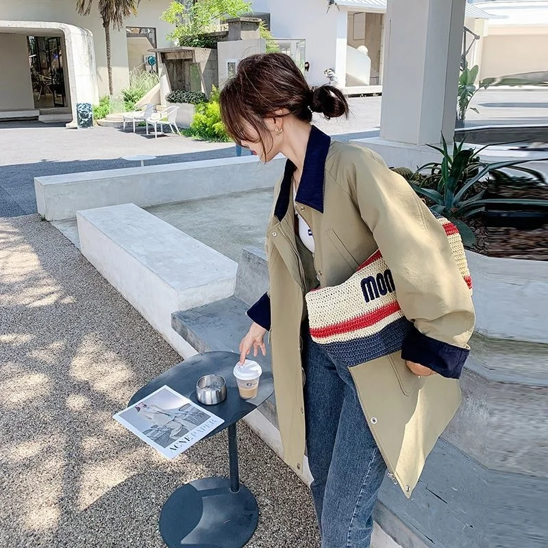 

Women Khaki Color-block Big Size Trench New Lapel Long Sleeve Loose Fit Windbreaker Fashion Spring Autumn 2023