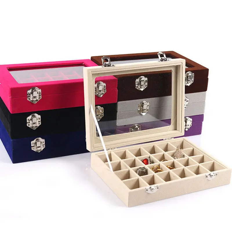 Velvet Glass Jewelry Display Box 20*15*4.5cm Jewelry Tray Holder Casket Storage Organizer 2017 Earrings Ring Box