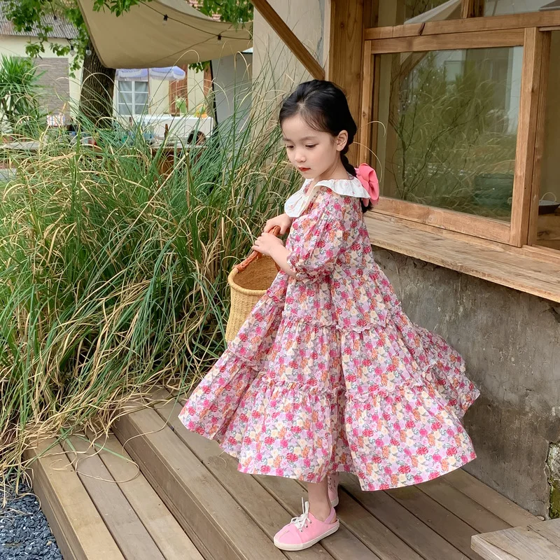 

MILANCEL 2022 New Children's Clothes Girls Flower Lapel Puff Sleeve Princess Dress