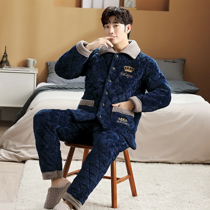 QUHENG Male Warm Fleece Fluffy Sleep Lounge Adult Teen Autumn Thicken Sleepwear Men Pyjamas  Men Sleepwear Suit Home Clothing