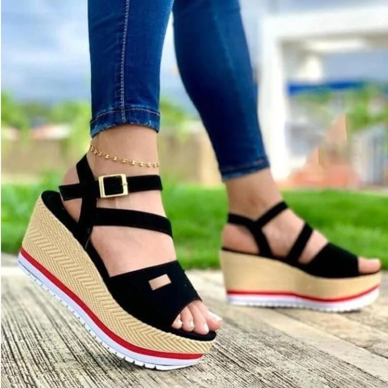 

New Women's Casual Sandals Fashion Solid Platform Wedge Roman Sandals Simple Open-toe Buckle Fish Mouth Shoes Sabdalia Feminina