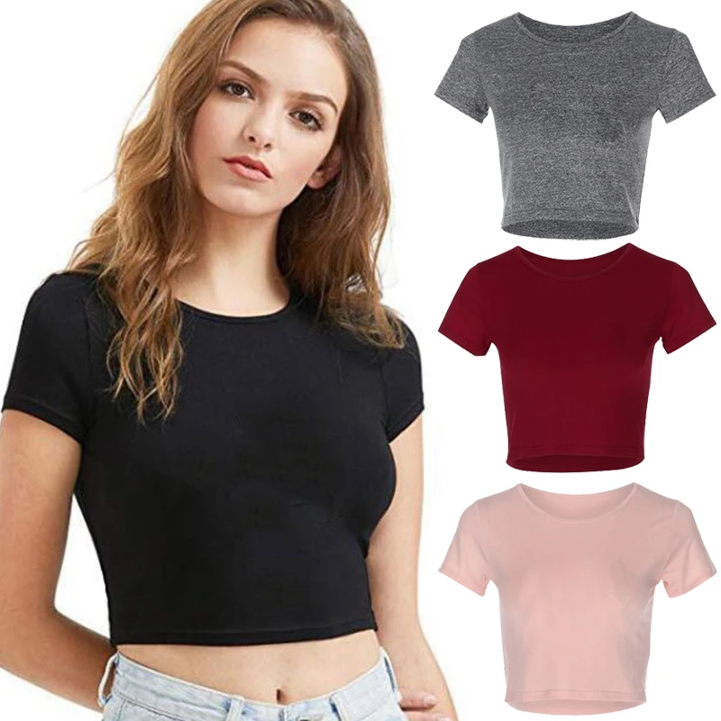 New Ladies Short-sleeved T-shirt Fashion Round Neck T-shirt Women Crop Tops