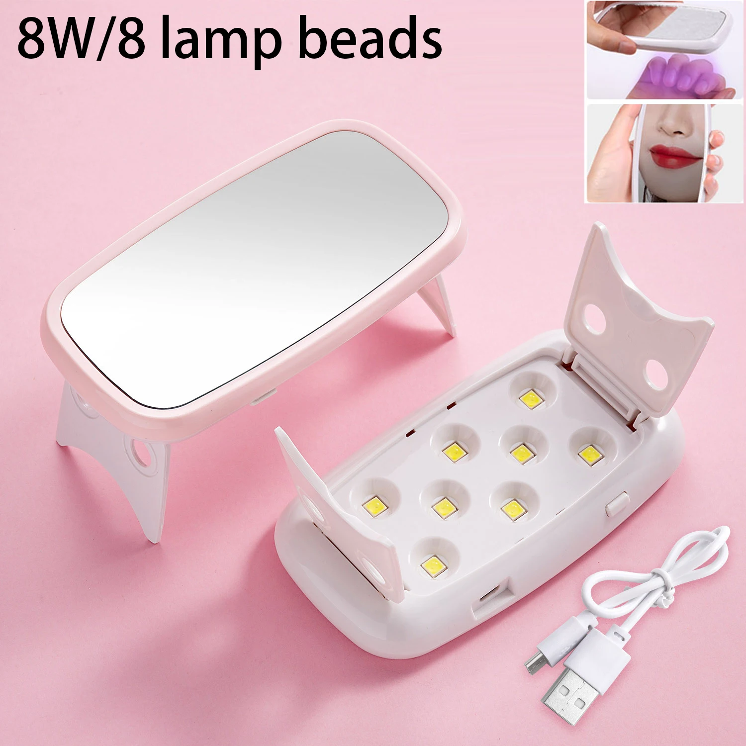 

Mini LED Lamp With Makeup Mirror 8 LED USB Plug UV Nail Drying Lamp Light Portable Gel Nail Polish Dryer Home Use Manicure Tools