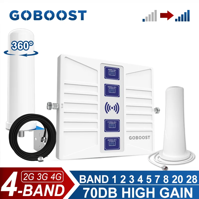 

GOBOOST 4 Band Signal Booster 2G 3G 4G Cellular Amplifier 70dB LTE 700 800 850 900 1700 1800 1900 2100 2600 Network Repeater Kit