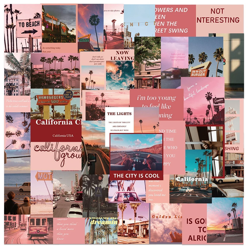 

10/25/50PCS Pink California landscape Graffiti Stickers Aesthetics Stationery Laptop Guitar Car Waterproof Sticker Decal Posters